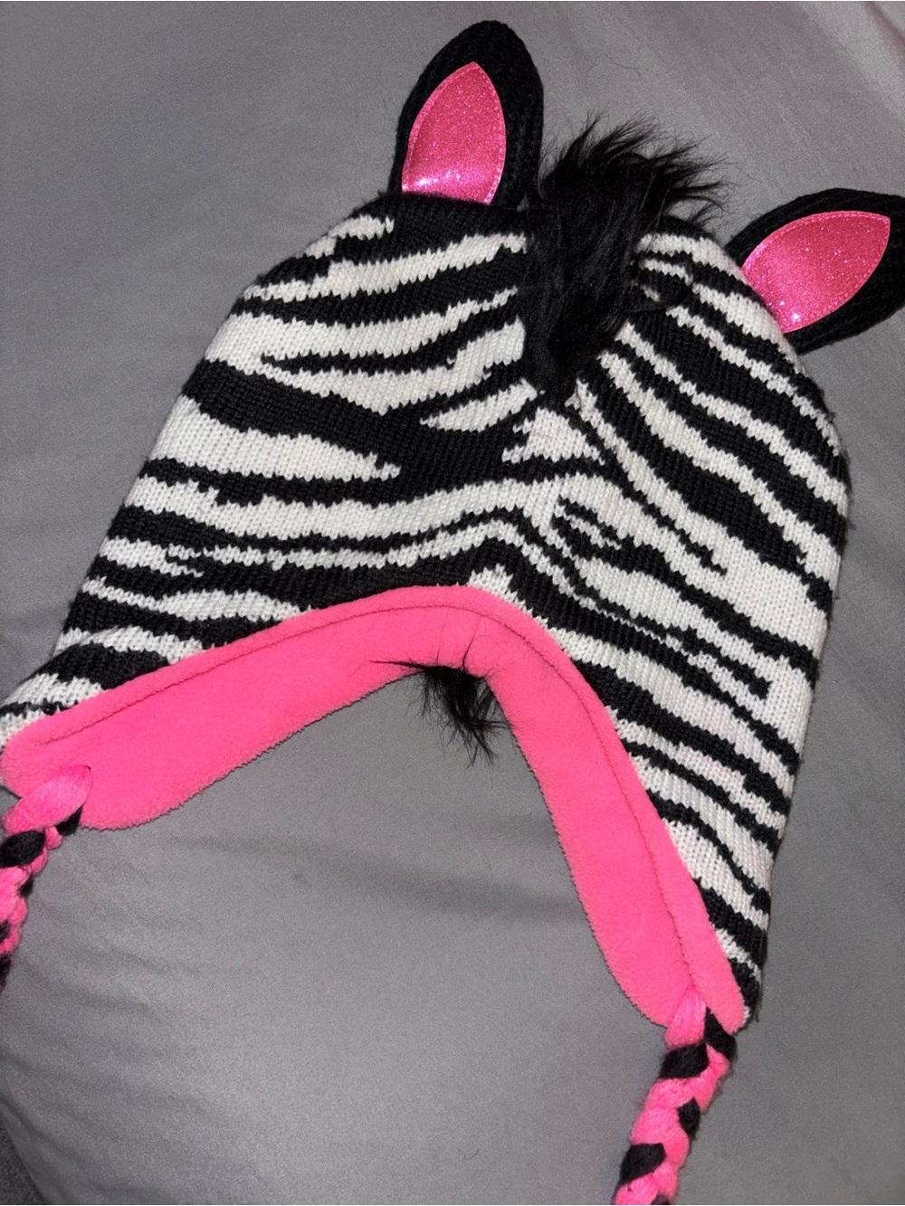Justice Zebra Earflap Hat with Hot Pink Trim